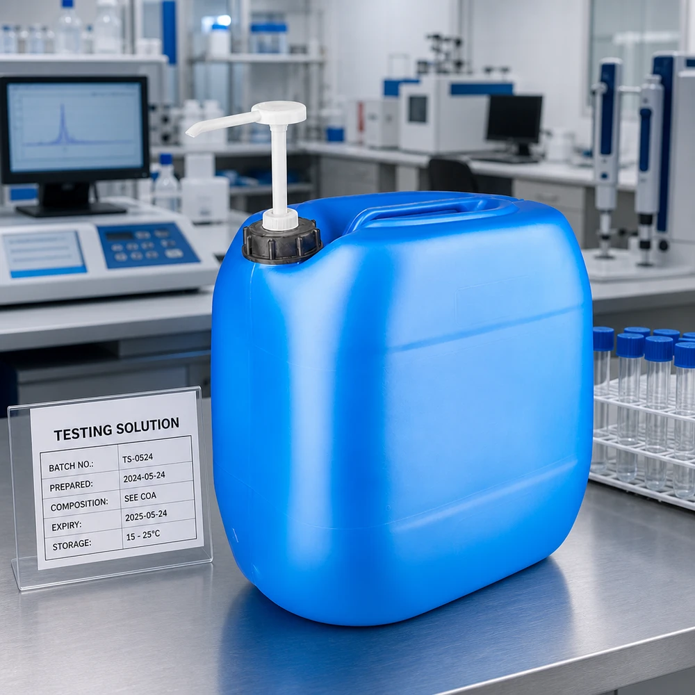Großvolumiger Kunststoffkanister 30L blau mit Pumpaufsatz für Testlösungen im Labor