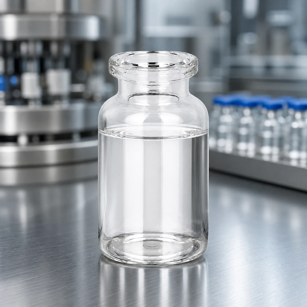 Medizinische Glasvial 10ml in Serienproduktion auf Edelstahloberfläche im pharmazeutischen Reinraum