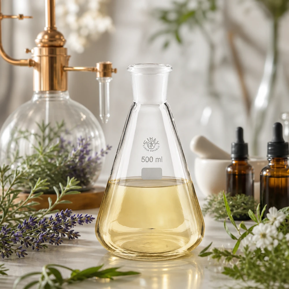 Erlenmeyerkolben 500ml mit Normschliff (29/32) Botanische Extraktion mit konischem 500ml Kolben und frischen Kräutern im Hintergrund