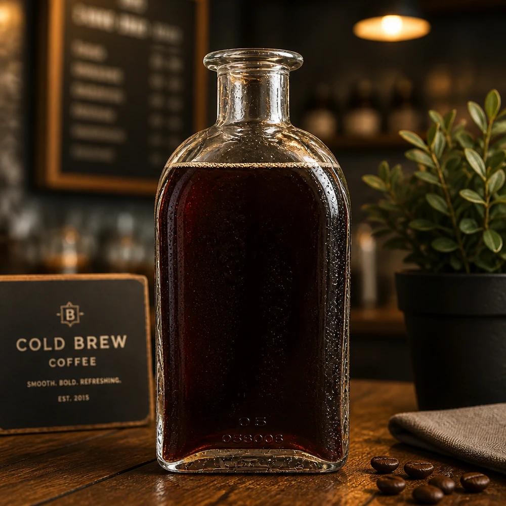 500ml Glasflasche "Julia" ohne Verschluss UNiTWIST 500ml Glasflasche Julia mit Cold Brew Kaffee gefüllt in Café-Atmosphäre mit Kaffeebohnen und stylischer Präsentation
