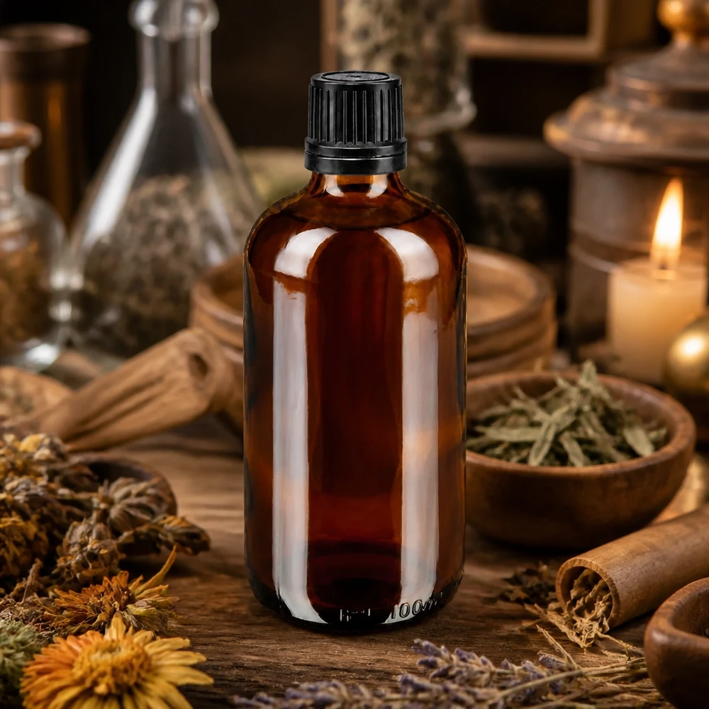 Bernsteinfarbene 100ml Apothekerflasche mit schwarzem Tropfverschluss auf rustikalem Holztisch