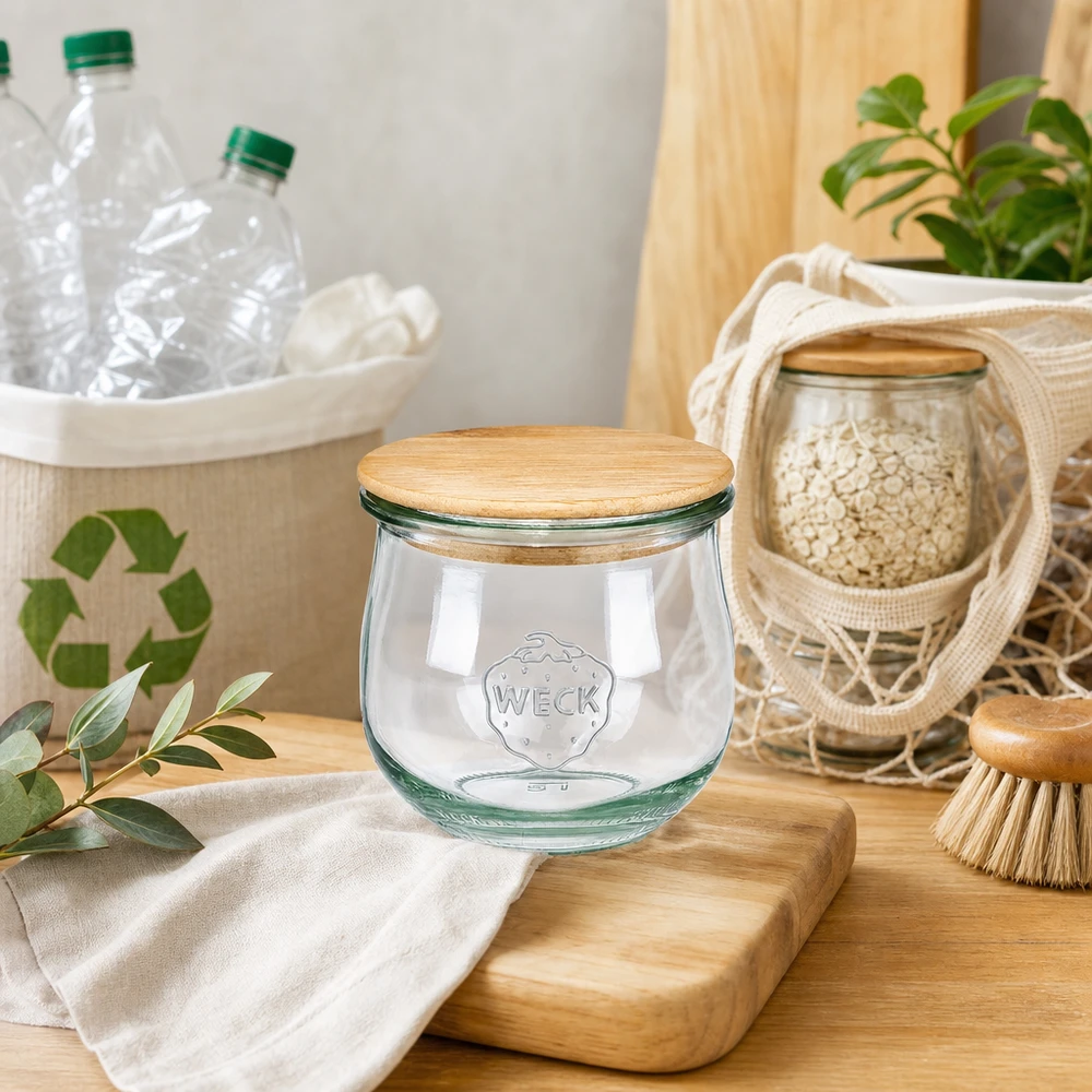 WECK Tulpenglas 370ml RR80 mit Holzdeckel in nachhaltiger Zero-Waste Küche mit Recycling-Utensilien und Naturdeko