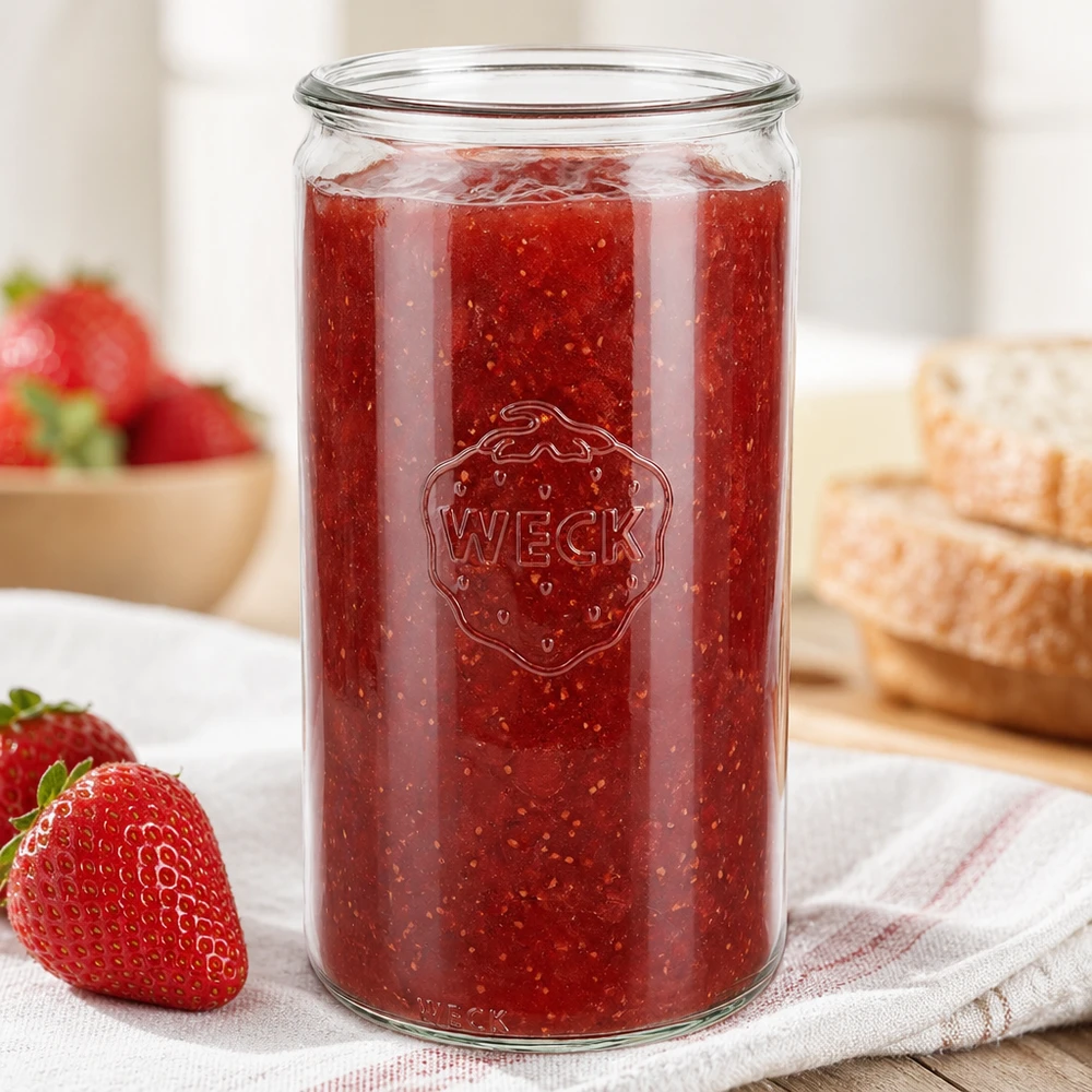 WECK Zylinderglas 1590ml RR100 mit hausgemachter Erdbeermarmelade gefüllt neben frischen Erdbeeren und Brot
