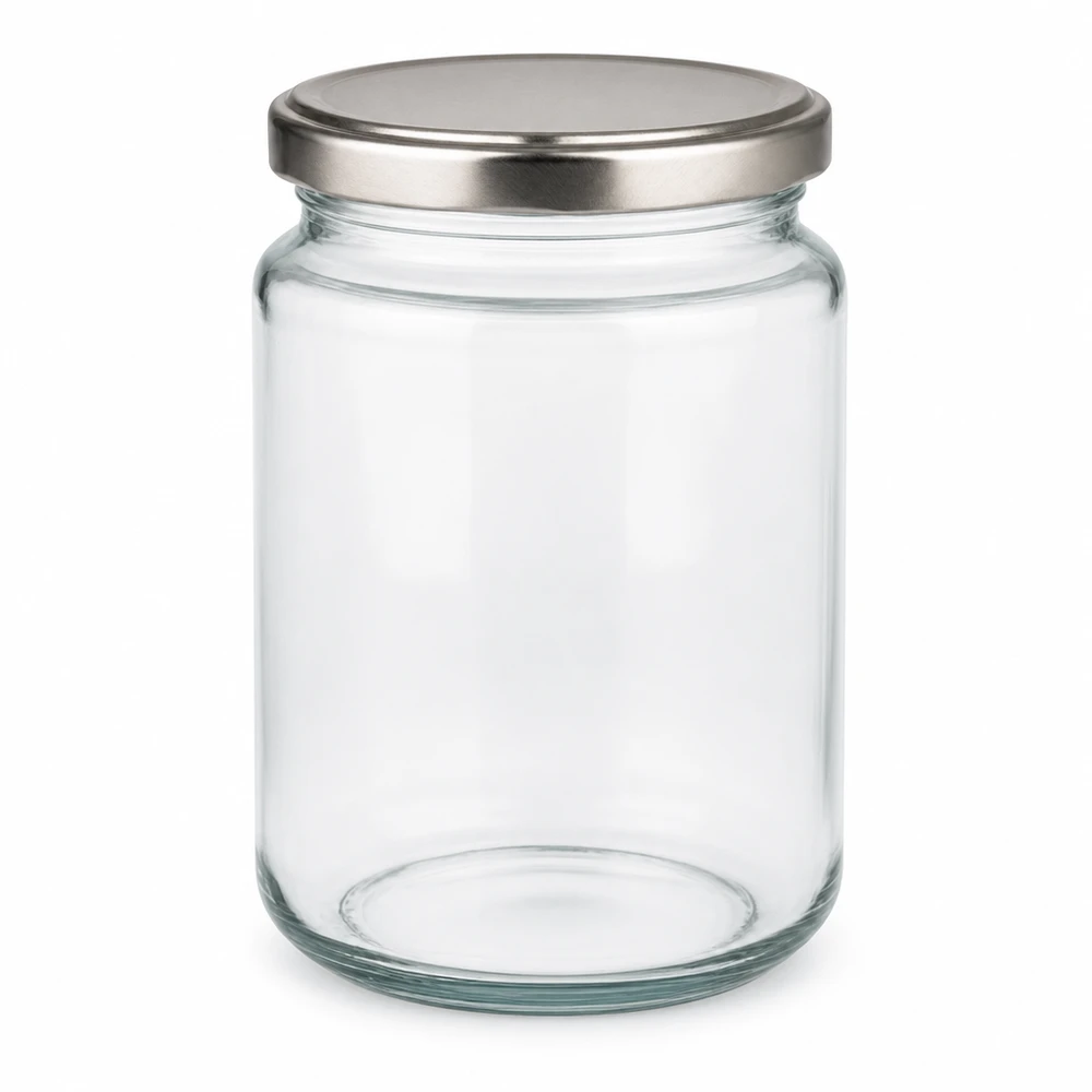 382ml Rundglas mit silbernem BasicSeal Deckel leer auf weißem Hintergrund Einmachglas Vorratsglas