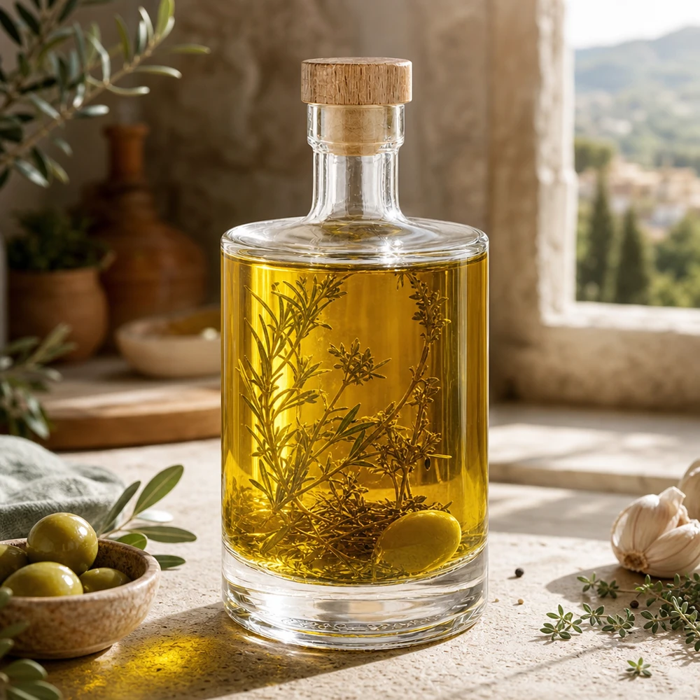 500ml Glasflasche Marie mit Kräuteröl befüllt - UNiTWIST Holzkorken - mediterrane Küchendeko mit Oliven und Kräutern