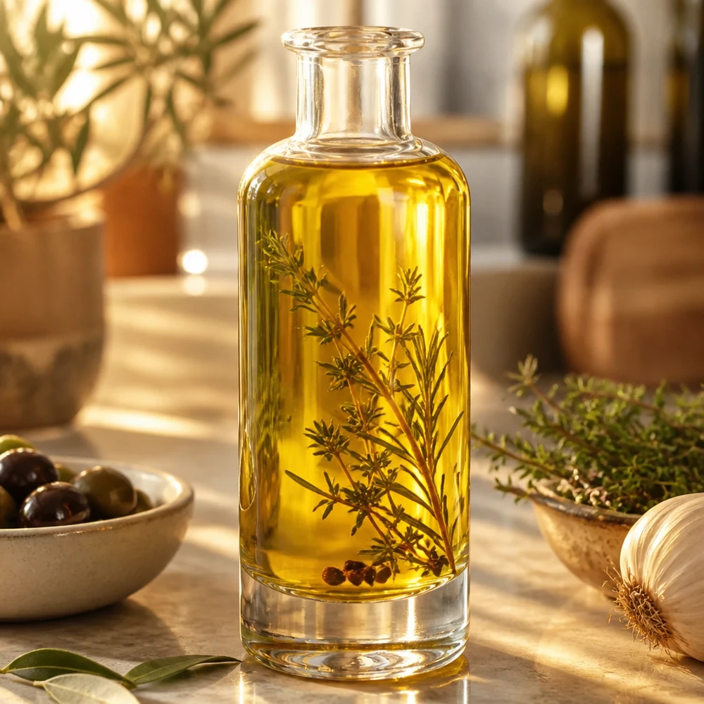 200ml Glasflasche Ella mit Kräuteröl befüllt in stylischer Küchenszene zeigt elegante Aufbewahrung für Öle und Essig