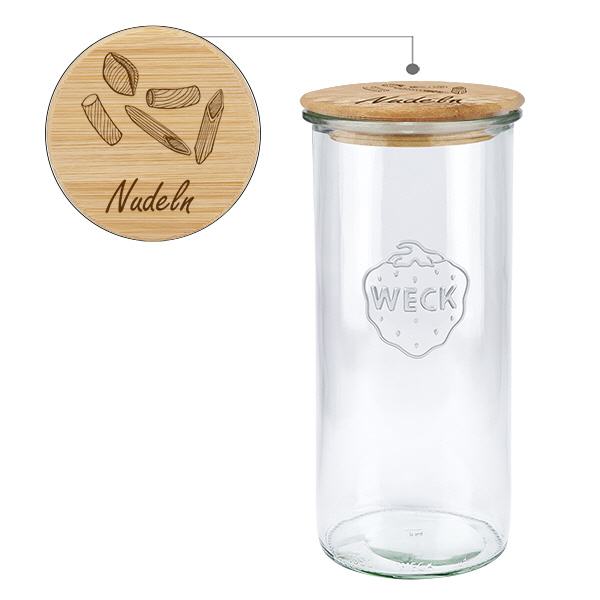 Holzdeckelset "Nudeln" mit WECK Sturzglas 1500ml Holzdeckelset "Nudeln" mit WECK Sturzglas 1500ml