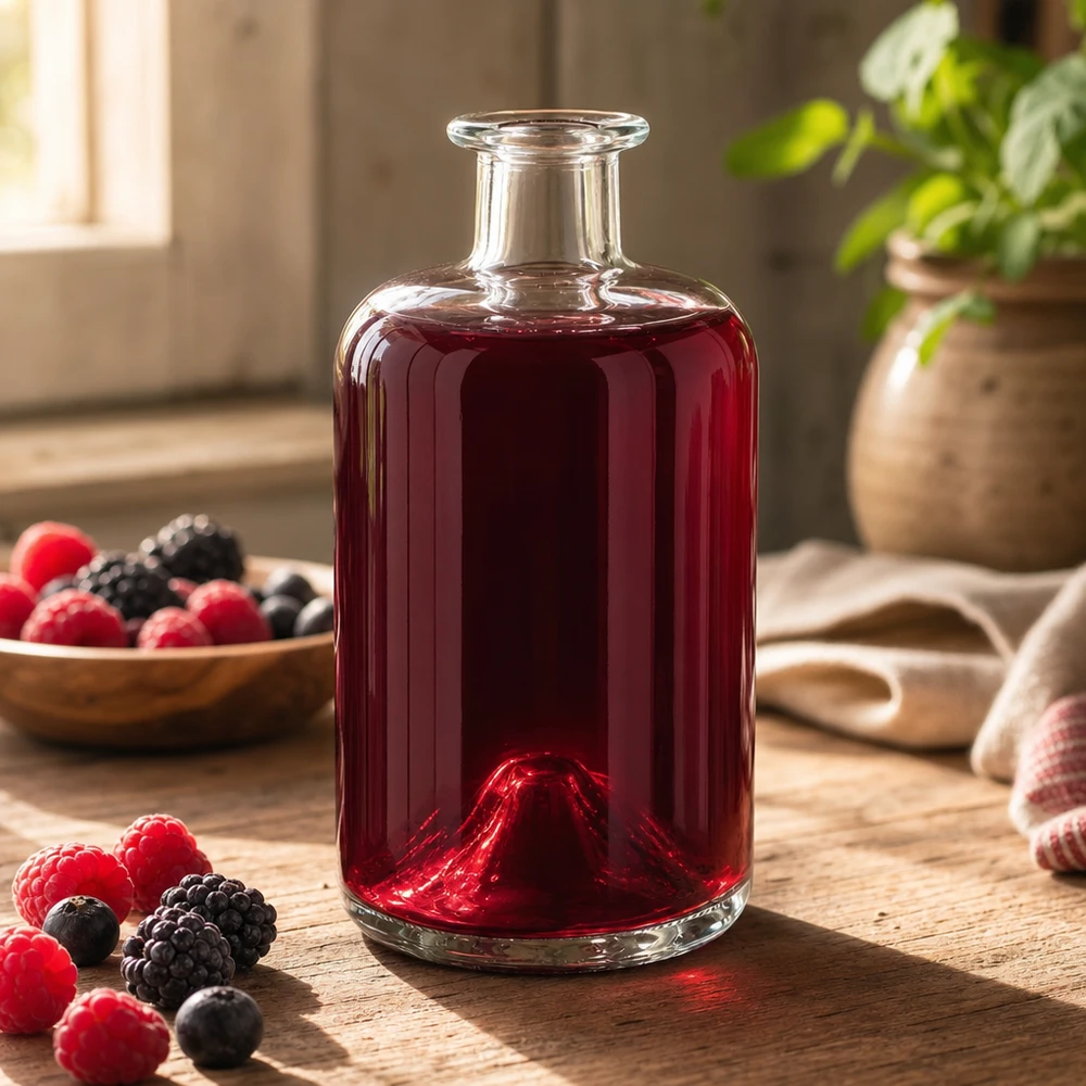 500ml Glasflasche Sofia mit Beerensaft befüllt rote Flüssigkeit Himbeeren Brombeeren Apothekerflasche Küche rustikal