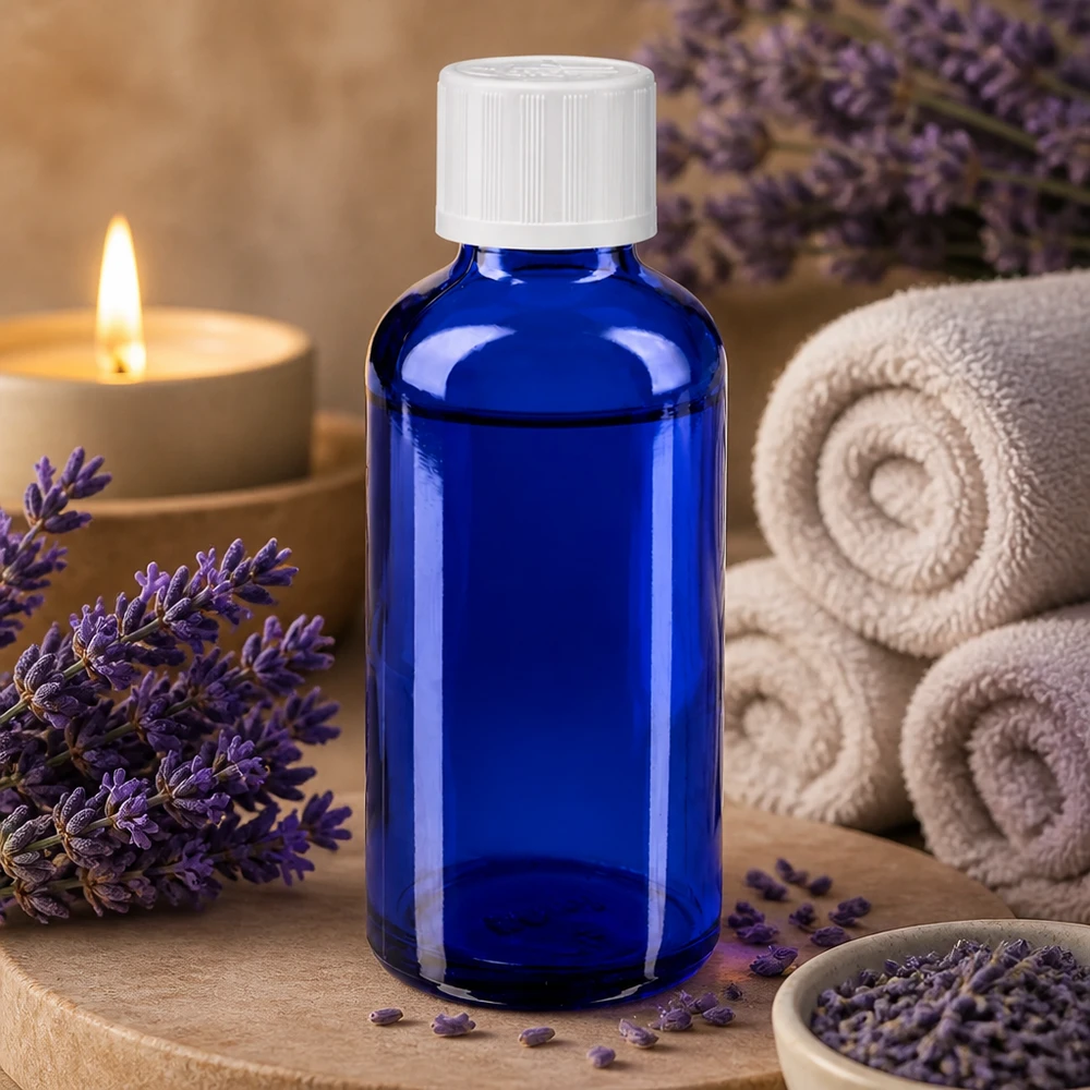 Kobaltblaue Apothekerflasche 50ml mit weißem Schraubverschluss auf Naturstein arrangiert