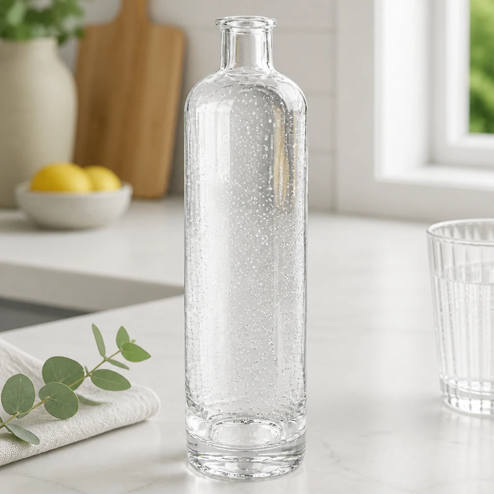 500ml Glasflasche "Ella" ohne Verschluss UNiTWIST 500ml Glasflasche Ella UNiTWIST mit Sprudelwasser gefüllt elegante Küchendekoration moderne Glasoptik stylisch
