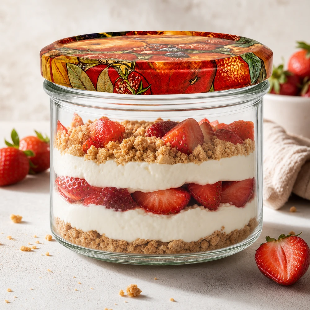 225ml Sturzglas Obst-Dekor mit cremigem Erdbeer-Schichtdessert gefüllt, Dessertglas für Tiramisu und Parfait