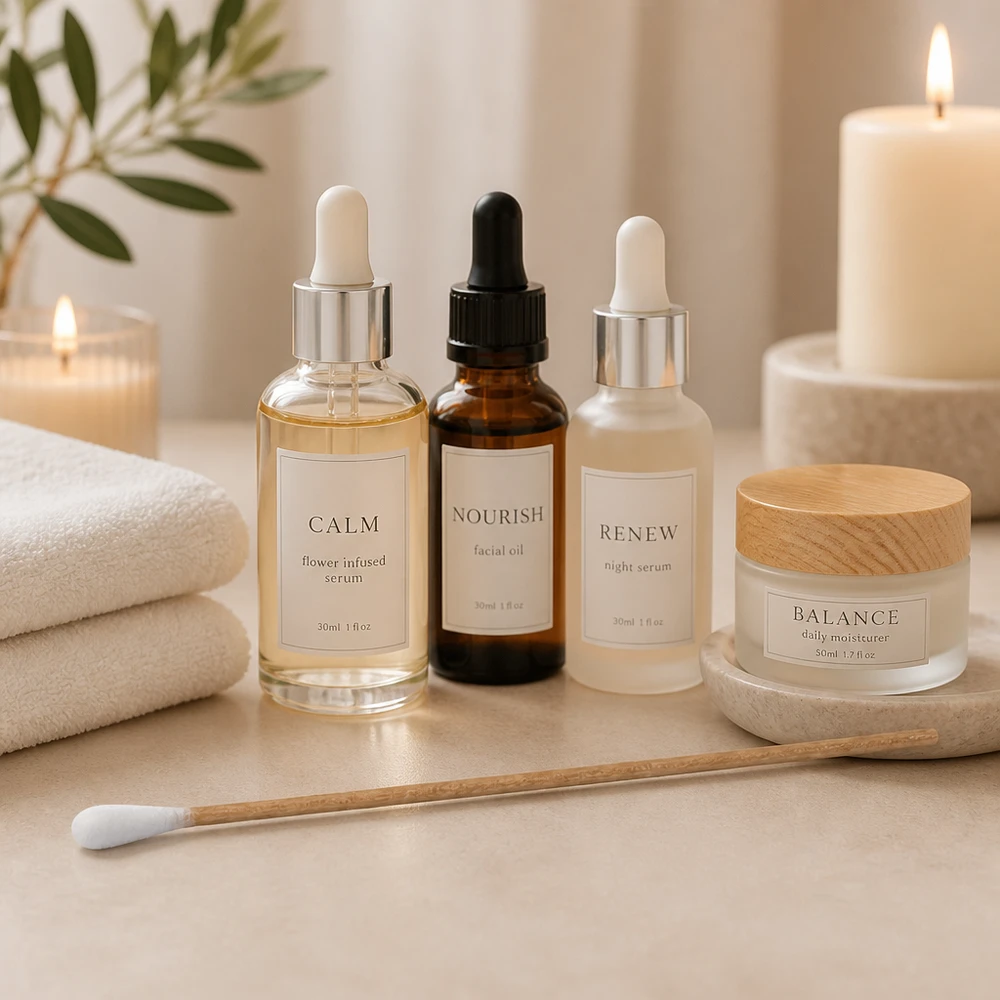 Wattestäbchen UNSTERIL Unsteriles Wattestäbchen aus Holz im minimalistischen Spa-Setting mit Kerzen und Handtüchern