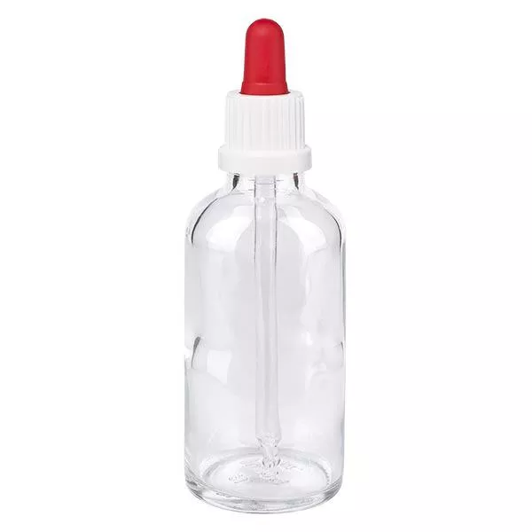 Apothekenflasche klar 50ml Pipette weiß/rot Originalitätsverschluss Apothekenflasche klar 50ml Pipette weiß/rot Originalitätsverschluss