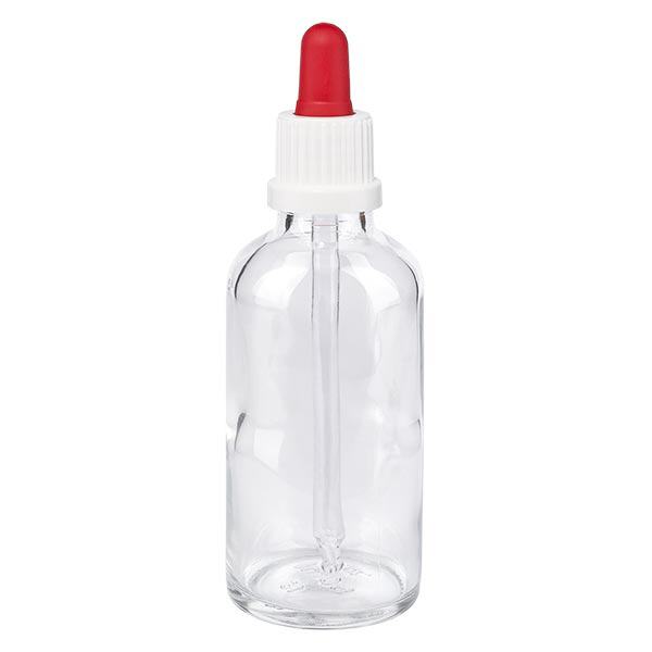 Apothekenflasche klar 50ml Pipette weiß/rot Originalitätsverschluss Apothekenflasche klar 50ml Pipette weiß/rot Originalitätsverschluss
