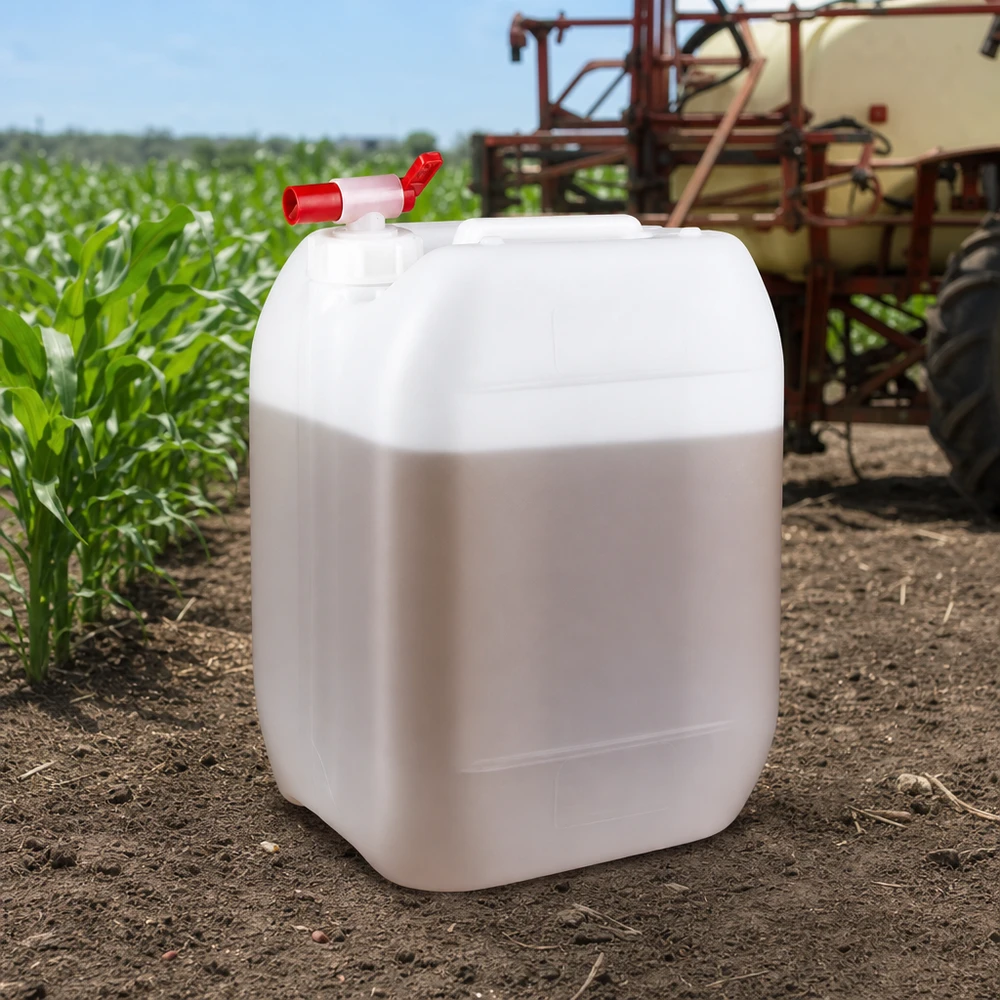Kanister 10 Liter mit Auslaufhahn Landwirtschaftlicher Kunststoffkanister 10L mit Zapfhahn im Feldeinsatz bei der Ernte