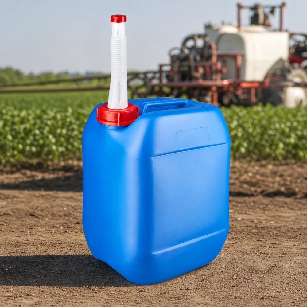 Kanister 10 Liter blau mit Auslaufrohr Flex Quadratischer Kunststoffkanister 10L blau mit biegsamem weißem Befüllrohr im Agrareinsatz