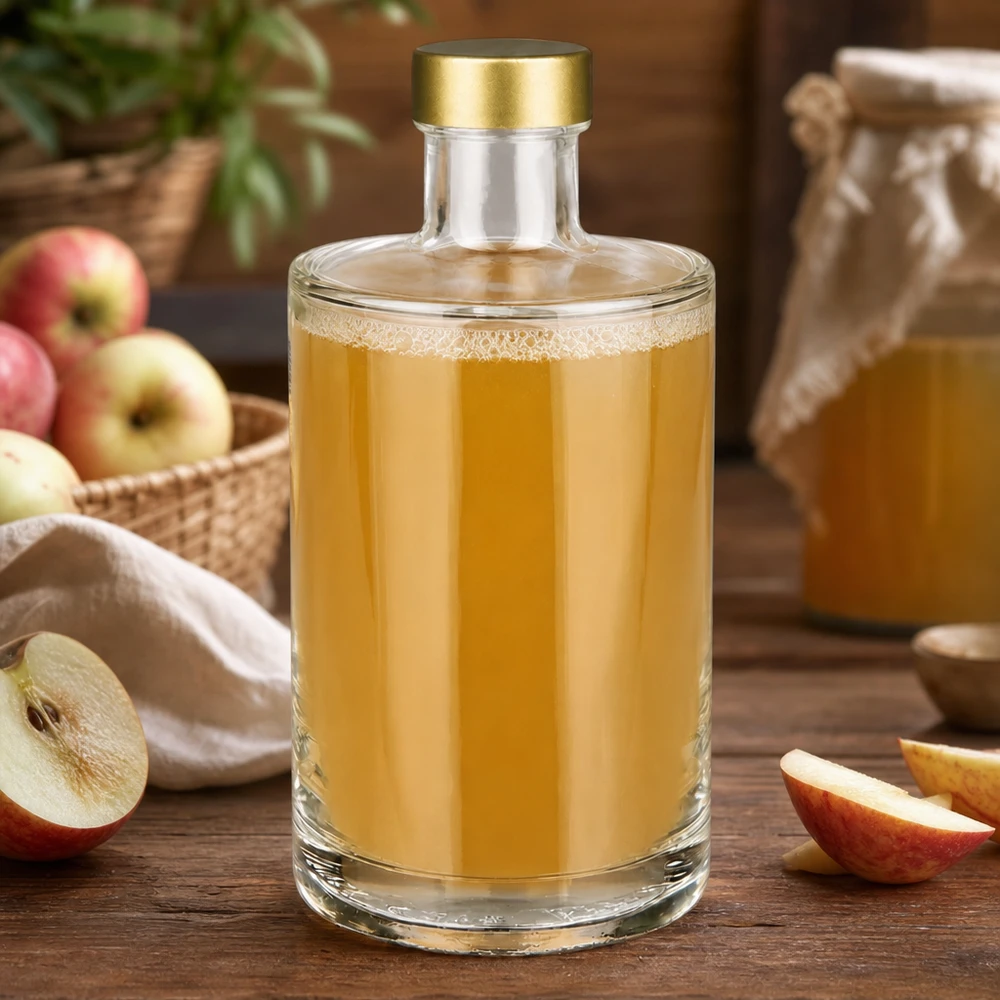 375ml Glasflasche "Sam" + Schraubverschluss gold UNiTWIST 375ml Glasflasche Sam mit Apfelsaft befüllt goldener UNiTWIST Verschluss frische Äpfel natürliche Getränke Lifestyle