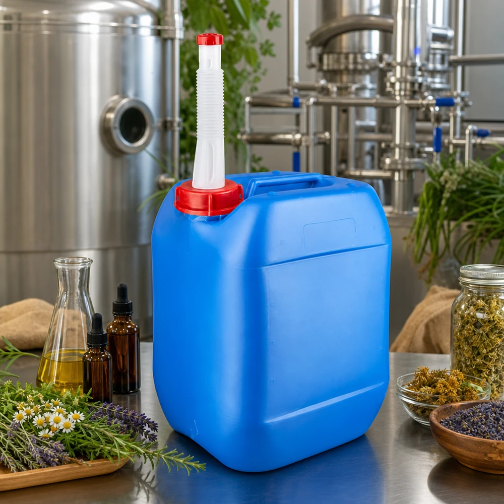 Kanister 10 Liter blau mit Auslaufrohr Flex Lebensmittelechter 10 Liter Kanister mit Flex-Ausgießer in Destillerie umgeben von Lavendel und Kamille