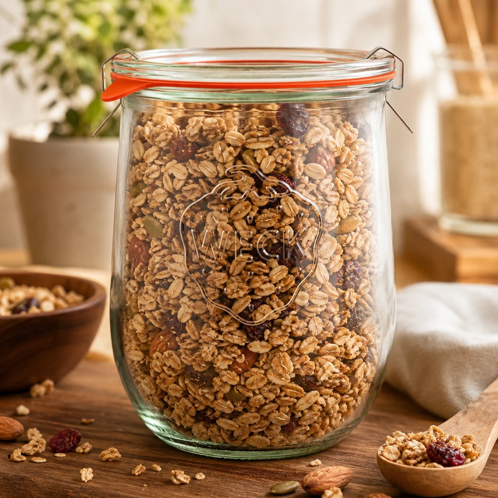 WECK Tulpenglas 1062ml gefüllt mit Müsli und Nüssen zeigt praktische Vorratshaltung in der Küche