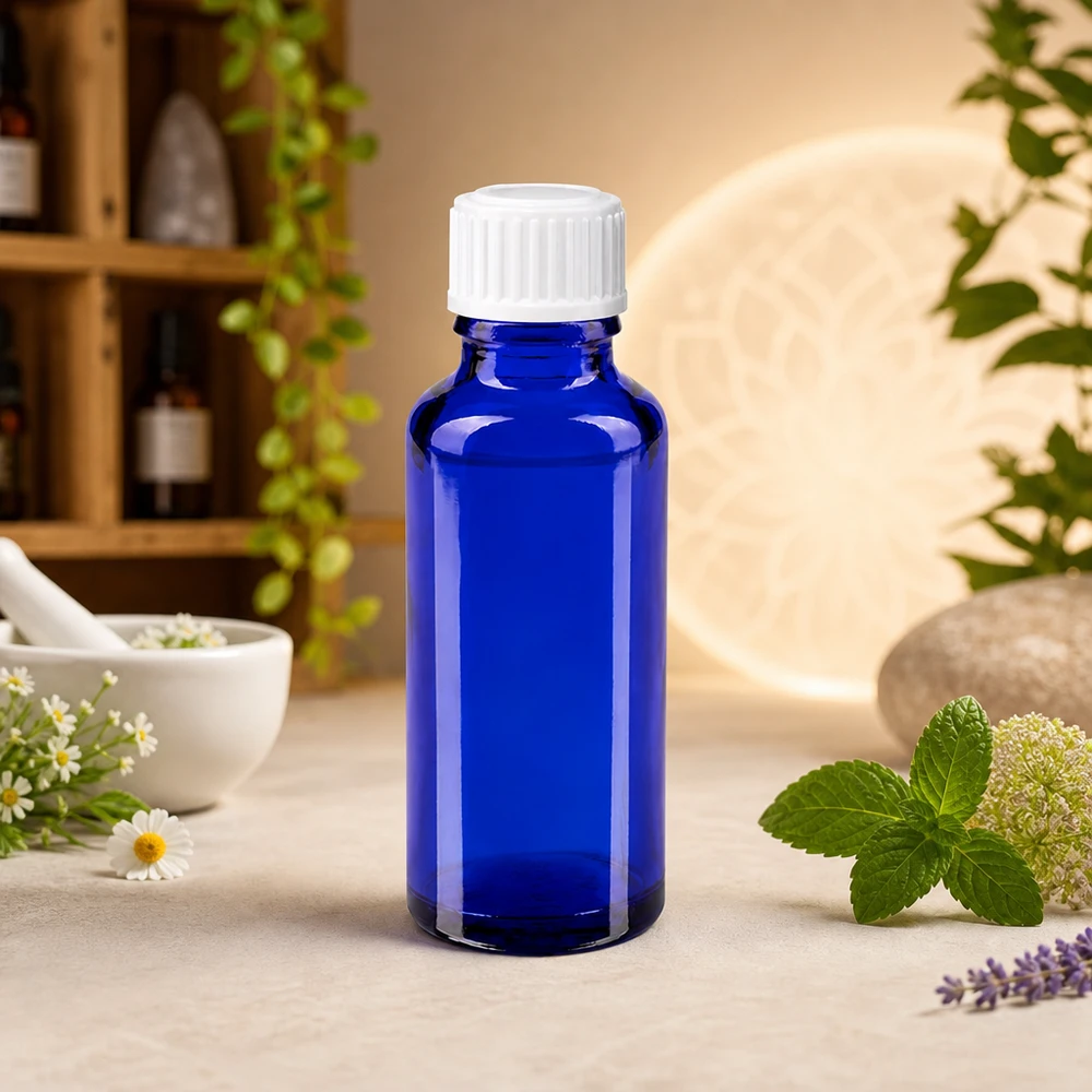 Apothekenflasche blau 30ml Schraubverschluss weiß Globuli Standard Kobaltblaue Apothekerflasche 30ml GR STD mit weißem Verschluss in natürlicher Kräuterumgebung