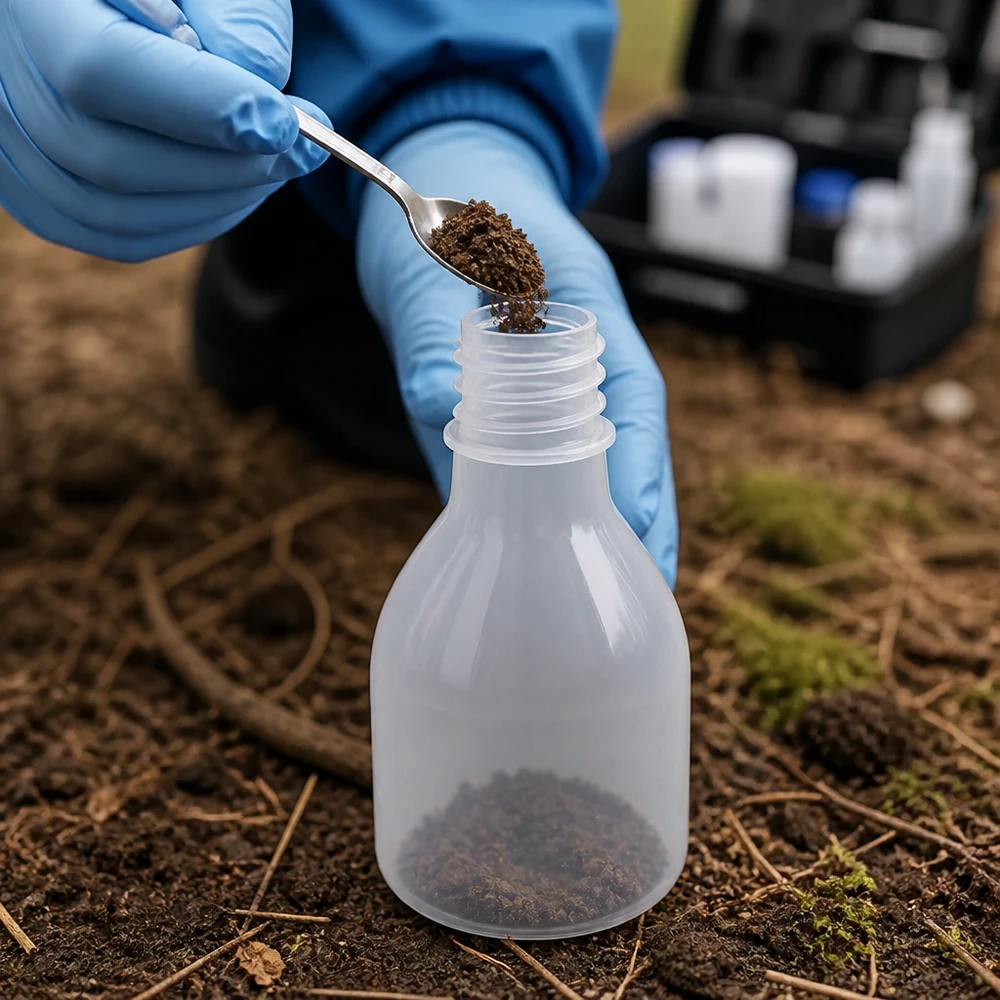 20ml Enghals Probenflasche ohne Deckel bei wissenschaftlicher Bodenuntersuchung im Gelände