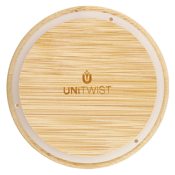 Holzdeckel (Buche) unbedruckt für WECK RR100 UNITWIСT Holzdeckel für WECK RR100 von oben mit sichtbarem Logo und Holzmaserung auf weißem Hintergrund