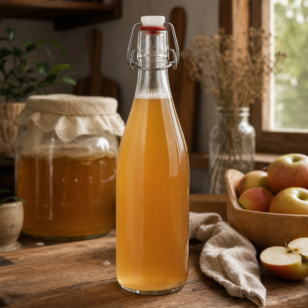 500ml Glasflasche und Bügelverschluss PVC UNiTWIST 500ml Glasflasche Bügelverschluss mit Apfelsaft befüllt rustikale Küche Obstgetränk hausgemacht natürlich