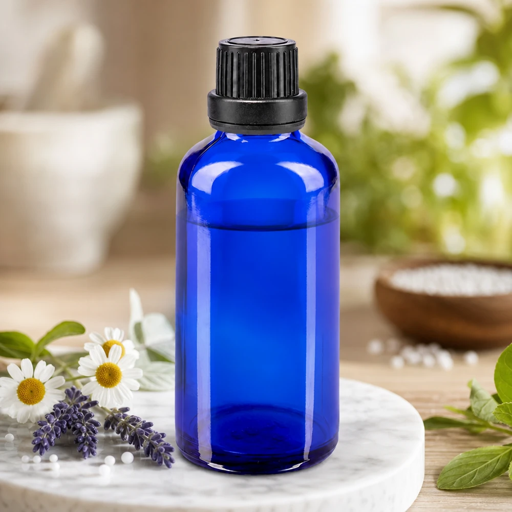 Apothekenflasche blau 50ml Schraubverschluss schwarz Dichteinlage Originalitätsverschluss Blaue Apothekerflasche 50ml mit OV-Verschluss auf Marmortablett neben Heilkräutern und Globuli