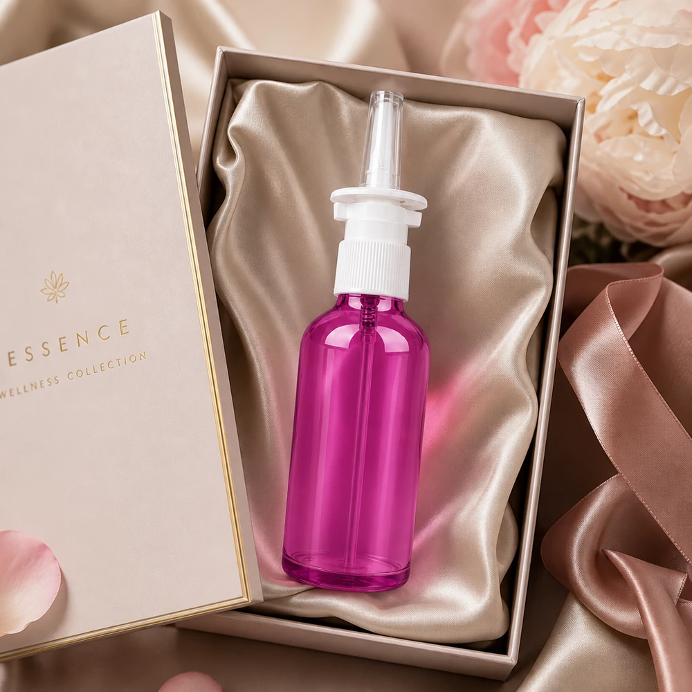 50ml Nasensprayflasche weiß/transparent Standard PurpleLine. UT18/50 Moderne 50ml Nasenspray-Flasche in Purple mit hygienischem weißem Applikator für sterile Anwendung