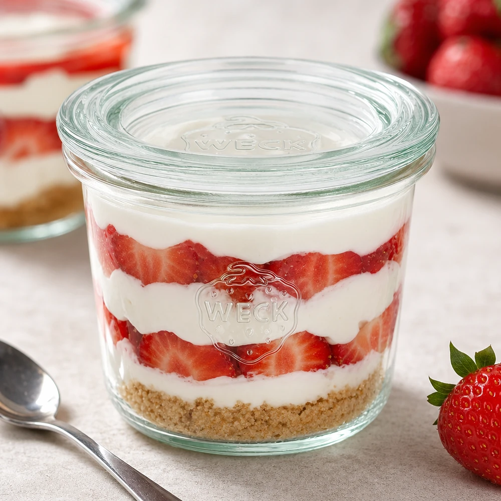 80ml Sturzglas mit Glasdeckel WECK RR60 WECK Sturzglas 80ml RR60 mit Erdbeer-Sahne-Dessert gefüllt zeigt vielseitige Verwendung als Dessertglas und Portionsglas