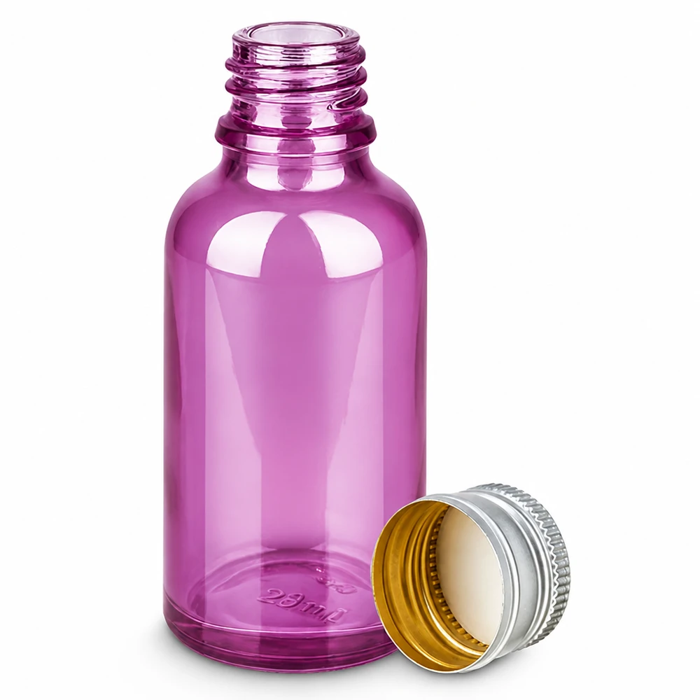 30ml Flasche 11mm Schraubverschluss Alu-Silberer Standard PurpleLine.UT18/30 Kosmetikflasche Glas 30ml lila gefärbt mit robustem Aluminiumverschluss 11mm