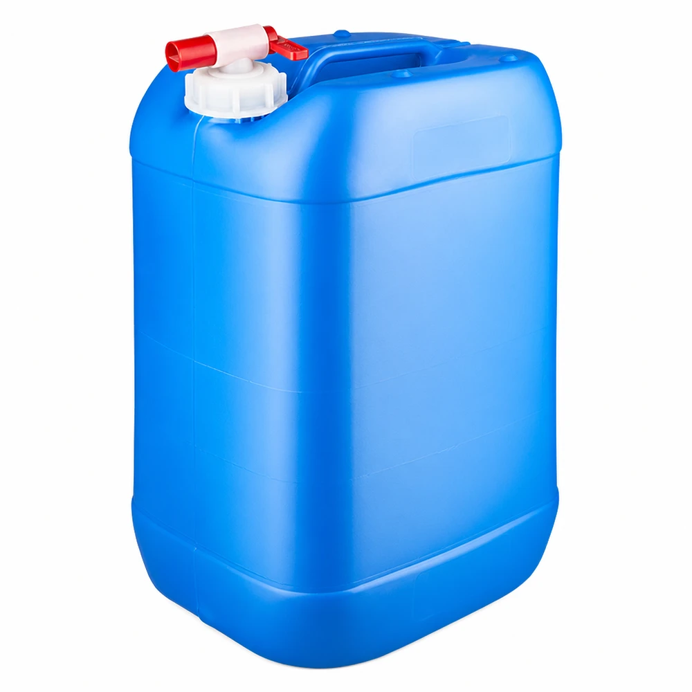 Rechteckiger 25L Kanister blau aus HDPE Kunststoff mit praktischem Zapfhahn