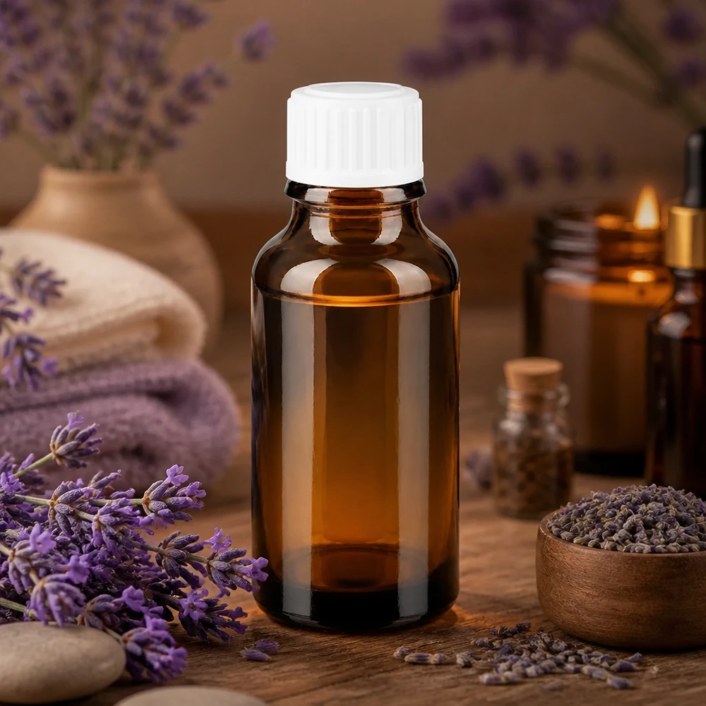 Braune 20ml Glasflasche mit weißem Schraubverschluss für Lavendelöl und Aromatherapie