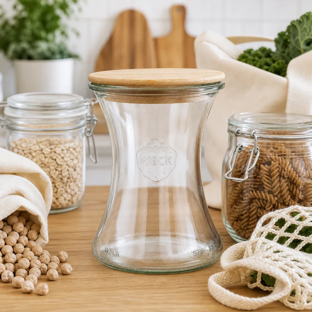 WECK Delikatessenglas 370ml RR80 mit Holzdeckel in Zero-Waste-Küche mit nachhaltigen Vorratsdosen und Stoffbeuteln