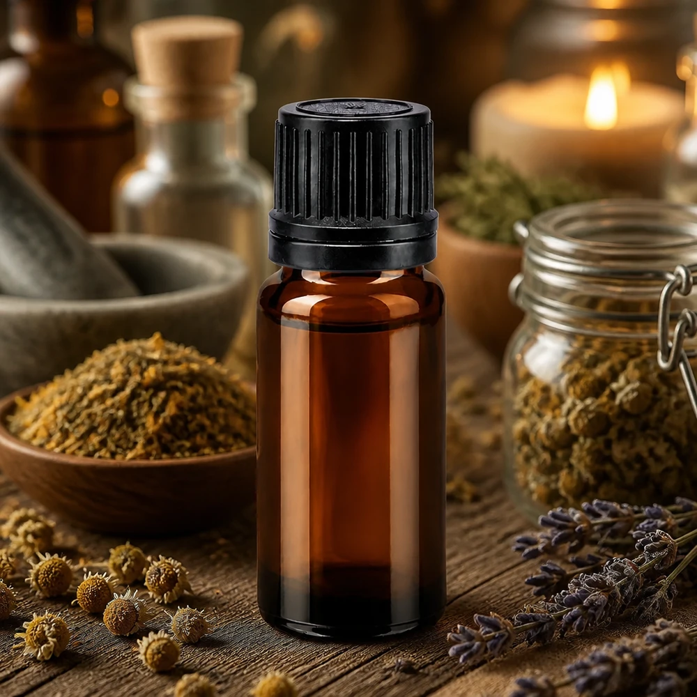Dunkelbraune Glasflasche 10ml mit 1mm Tropfeinsatz auf rustikalem Holz mit Heilkräutern