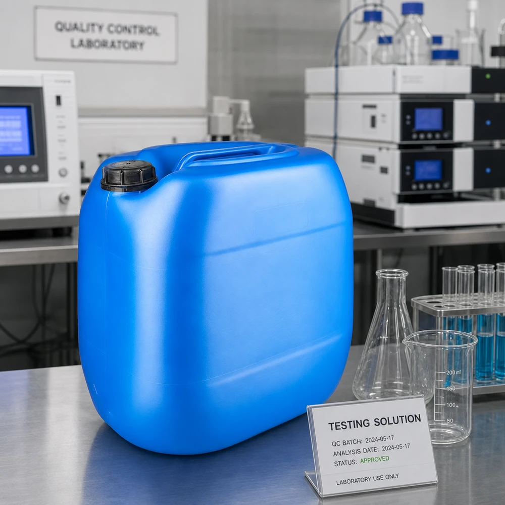 Stapelbarer Flachkanister 30L blau mit schwarzem Schraubverschluss OV für Chemikalienaufbewahrung
