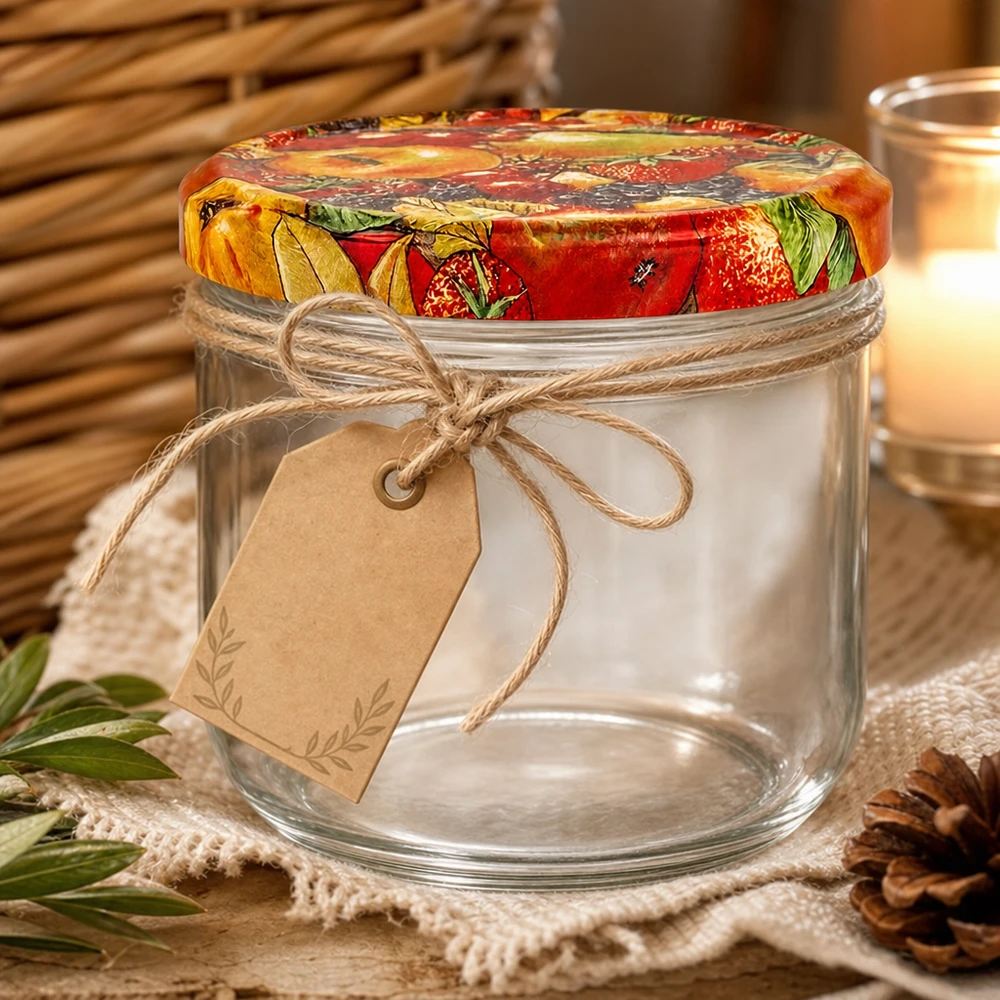 260ml Sturzglas + BasicSeal Deckel Obst-Dekor UNiTWIST Dekoratives 260ml Sturzglas mit Obst-Deckel und Geschenkanhänger in gemütlicher Küchen-Atmosphäre mit Kerze