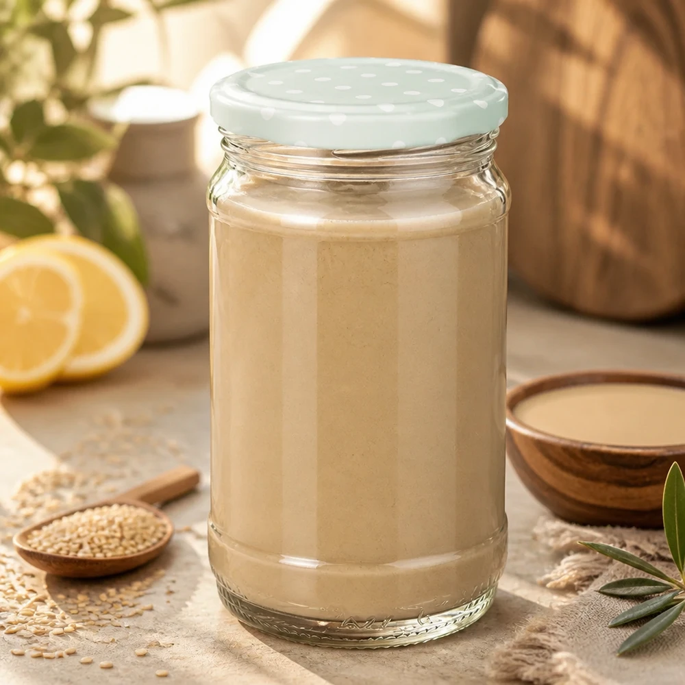 Selbstgemachte Sesampaste im 370ml Rundglas von UNiTWIST mit mint BasicSeal Deckel mit Punkten