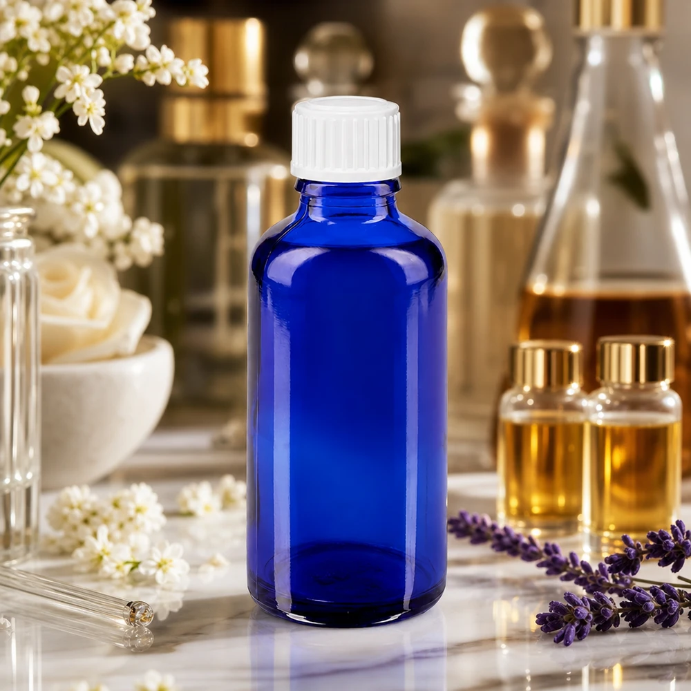Apothekerflasche 50ml in Blauglas mit präzisem 0.9mm Tropfeinsatz für genaue Dosierung