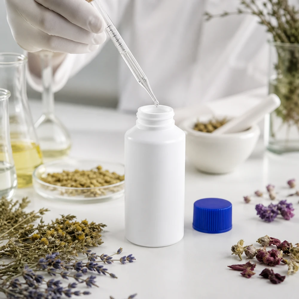 Apothekenflasche HDPE 50ml weiß, mit blauem Schraubverschluss Befüllung einer weißen 50ml Apothekerflasche mit blauem SV mittels Glaspipette im Labor