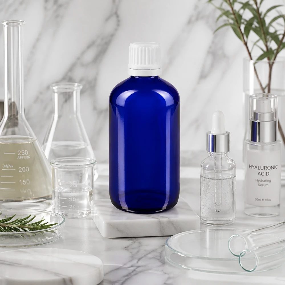 Apothekenflasche blau 100ml Tropfverschluss 1.2mm weiß Originalitätsverschluss Pharmaglas-Tropfflasche 100ml in Blau mit kindersicherem Weißverschluss im Labor-Setting
