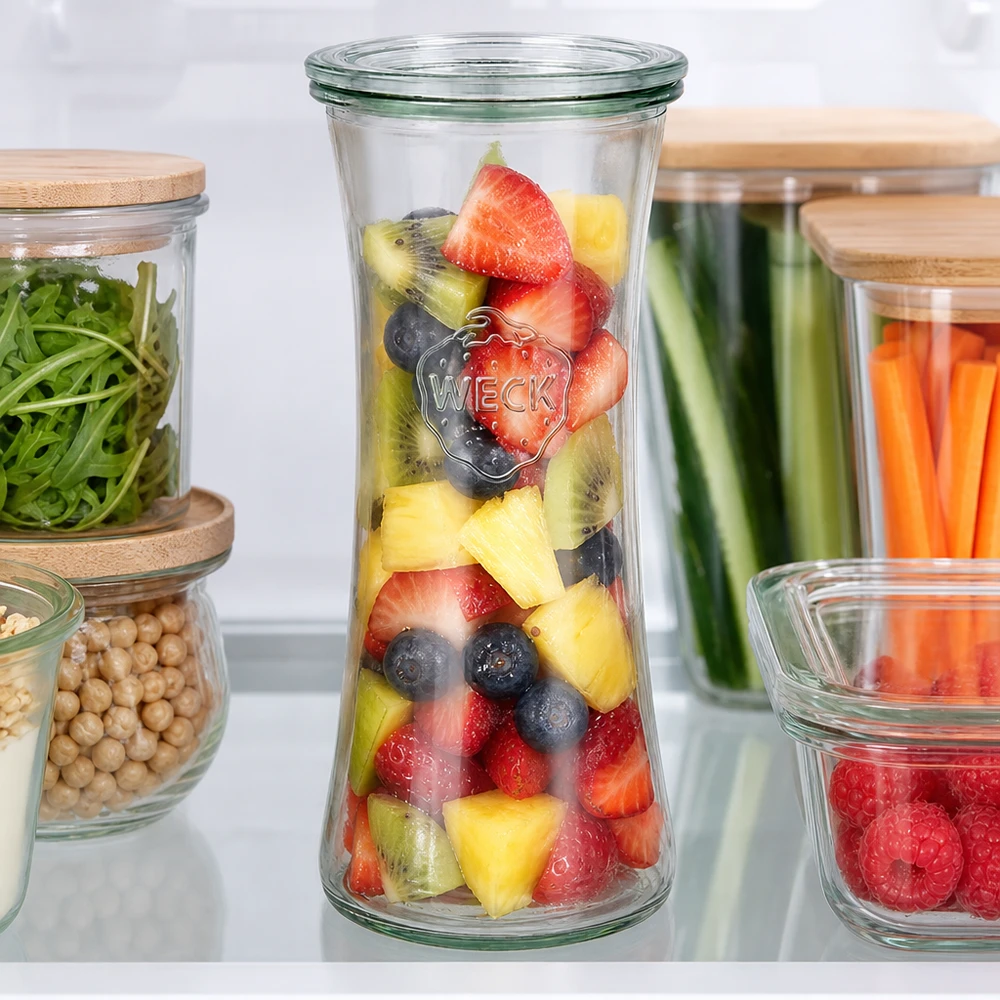 700ml Delikatessenglas mit Glasdeckel WECK RR80 WECK 700ml Delikatessenglas RR80 mit buntem Obstsalat in moderner Kühlschrank-Aufbewahrung neben anderen Vorratsgläsern