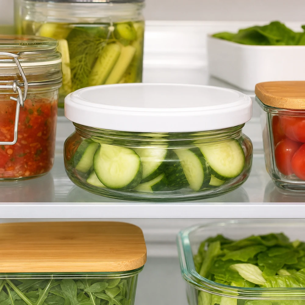 120ml Terrinenglas mit BasicSeal Deckel weiß UNiTWIST 120ml Terrinenglas mit weißem Deckel voller Gurkenscheiben im Kühlschrank neben eingelegtem Gemüse und Konserven