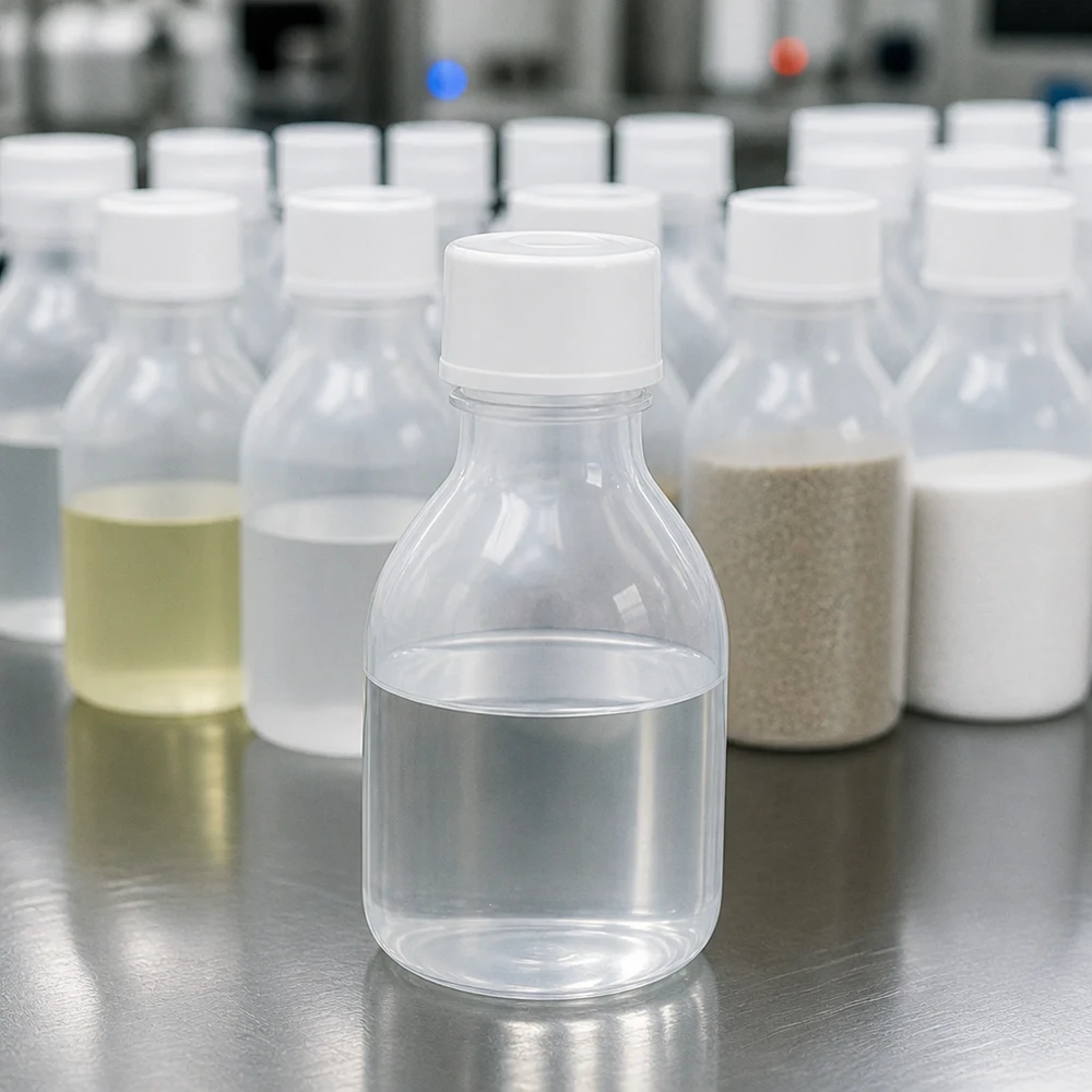 Reihe ungekennzeichneter 20ml Schraubflaschen Enghals aus PE in professioneller Laborumgebung