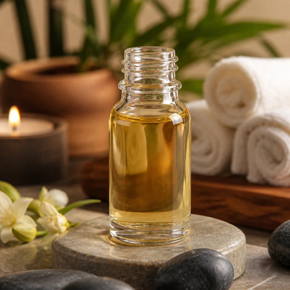 10ml Glasflasche ClearLine mit Aromatherapieöl in entspannter Spa-Umgebung
