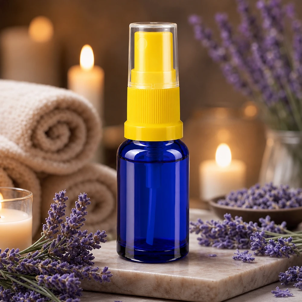 Apothekenflasche blau 10ml Sprayaufsatz gelb Miniatur Glasflasche 10ml in Kobaltblau mit gelbem Zerstäuber für Aromatherapie Anwendungen