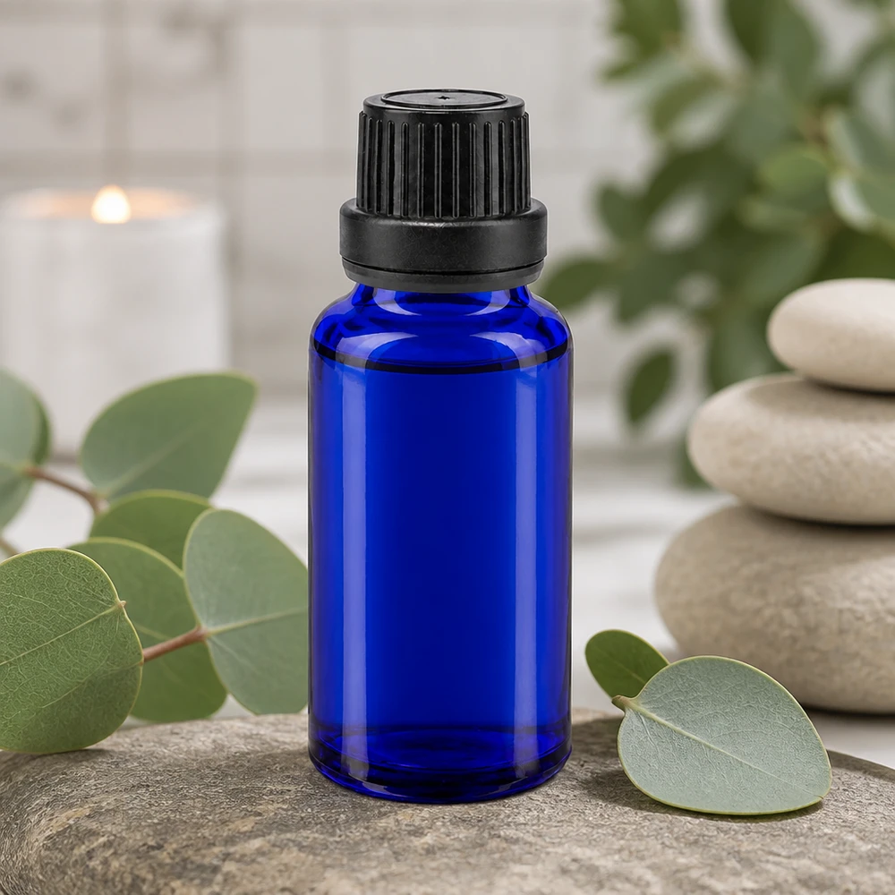 Kleine blaue Glasflasche 20ml mit kindersicherem Schraubverschluss für ätherische Öle