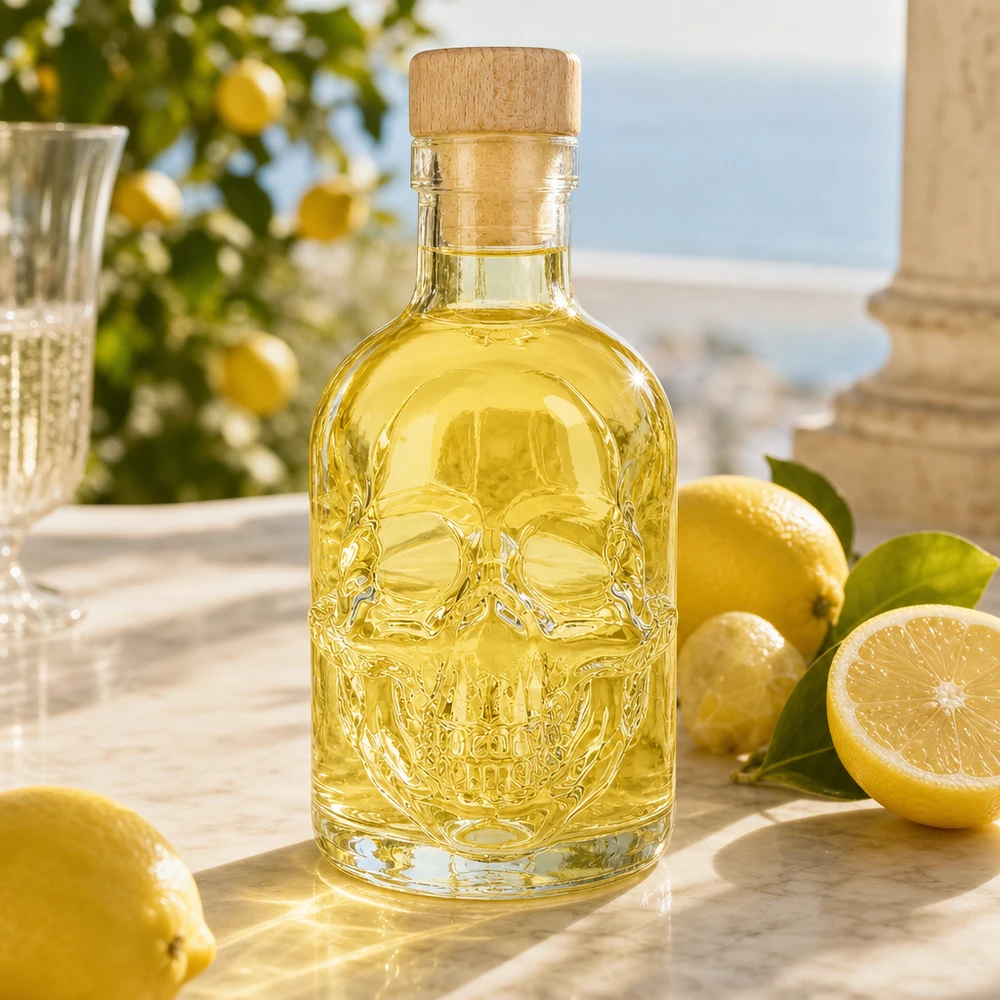 200ml Glasflasche "Jack" mit Holzgriff-Korken UNiTWIST Dekorative Glasflasche Jack 200ml mit Schädel-Relief umgeben von Zitronen in mediterraner Küchenszenerie