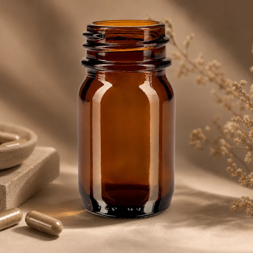 Kompakte 30ml Braunglasflasche mit großer Öffnung für Pulver und Granulate