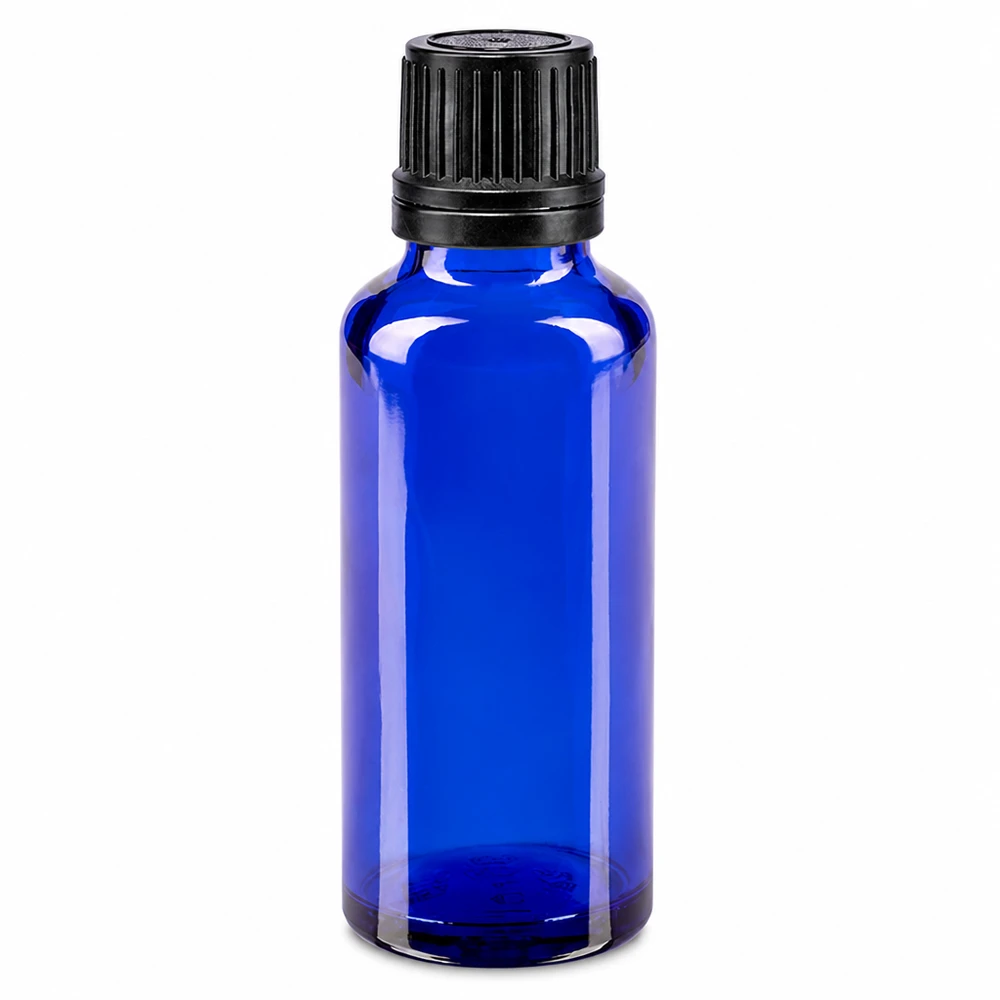 Apothekenflasche blau 30ml Schraubverschluss schwarz Giessring Originalitätsverschluss Blaue Apothekerflasche 30ml aus hochwertigem Glas mit kindersicherem Originalverschluss